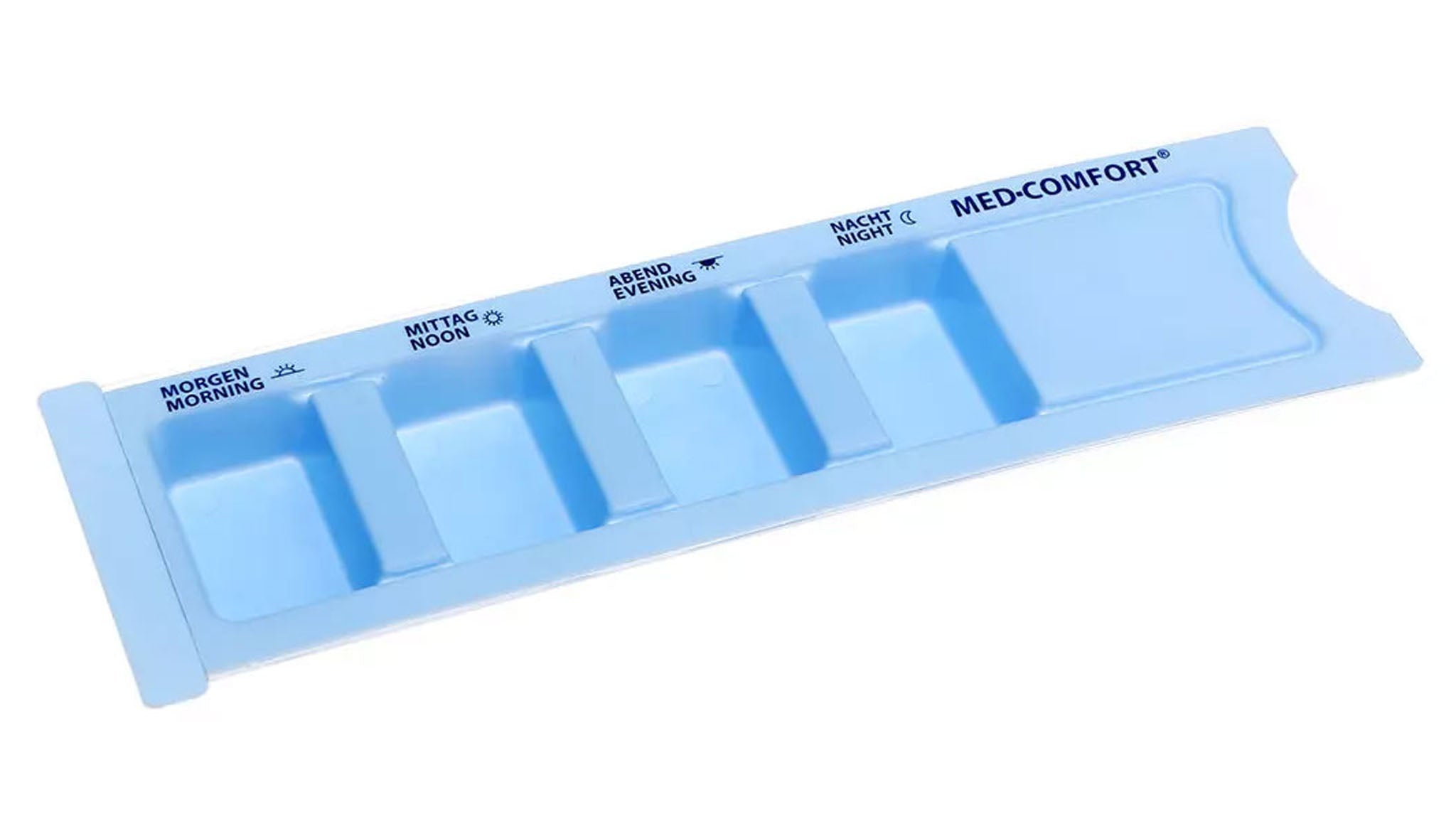 Einweg Medikamentendispenser, 4 Fächer, 22 x 6 x 1,5 cm, blau VE=200 Stück